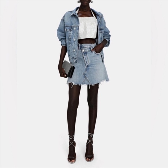 Agolde Criss Cross Buttonfly Distressed Denim Skirt Size 30 - Picture 3 of 12